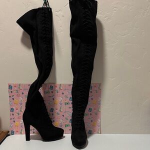 Over-the-Knee Black Lace-Up Platform Boots